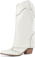 Women Shark Fold Over Mid Calf Chunky Heel Boots - Studded Style