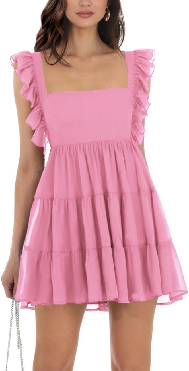 Womens Summer Square Neck Tie Back Ruffle Sleeve Mini Dress