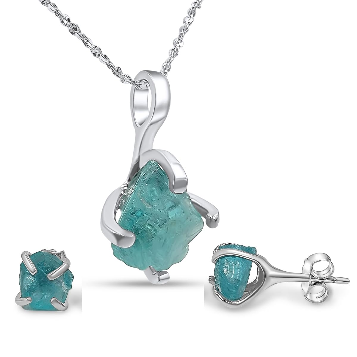 Real Raw Apatite Jewelry Set with 925 Sterling Silver Gift