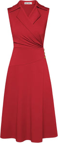Notch Lapel Ruched Wrap V Neck A-Line Midi Dress - Work to Event