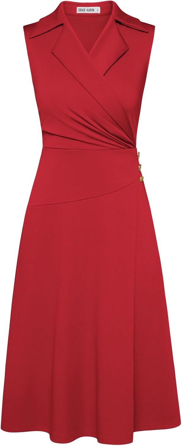 Notch Lapel Ruched Wrap V Neck Business Work Dress for Women