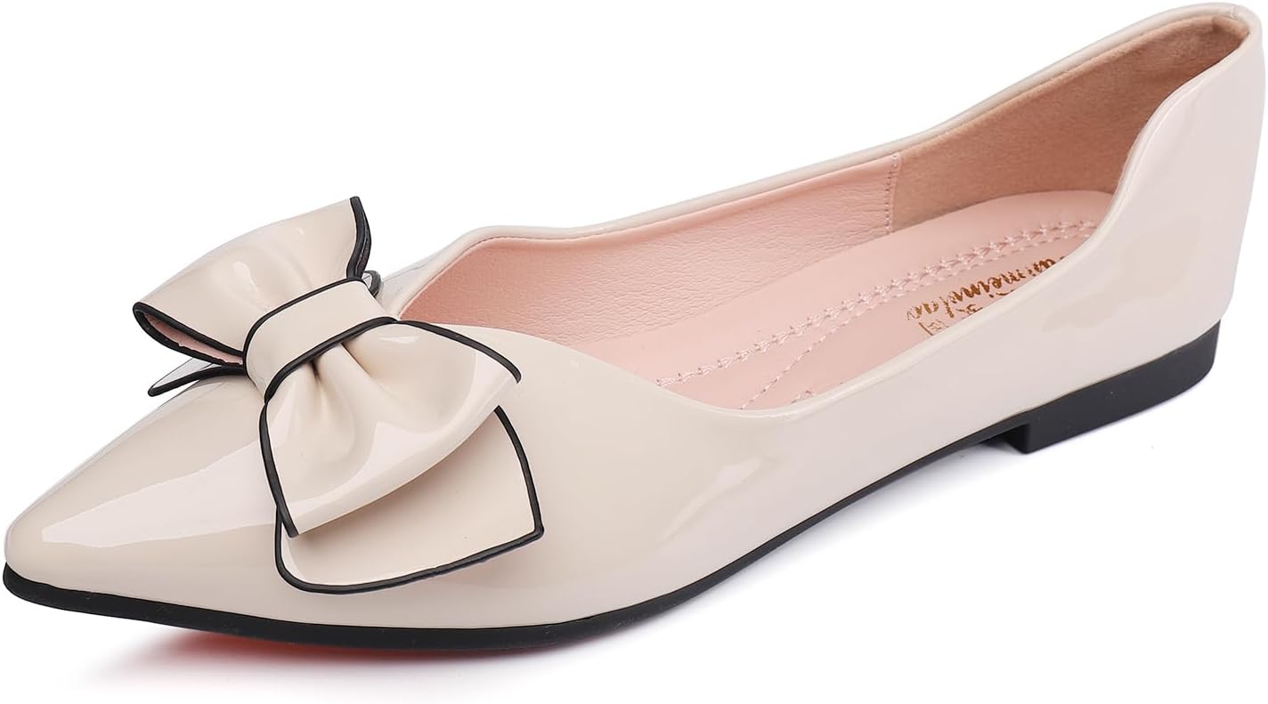Comfortable Leather Pointed Toe Flats for Women with Bow Design