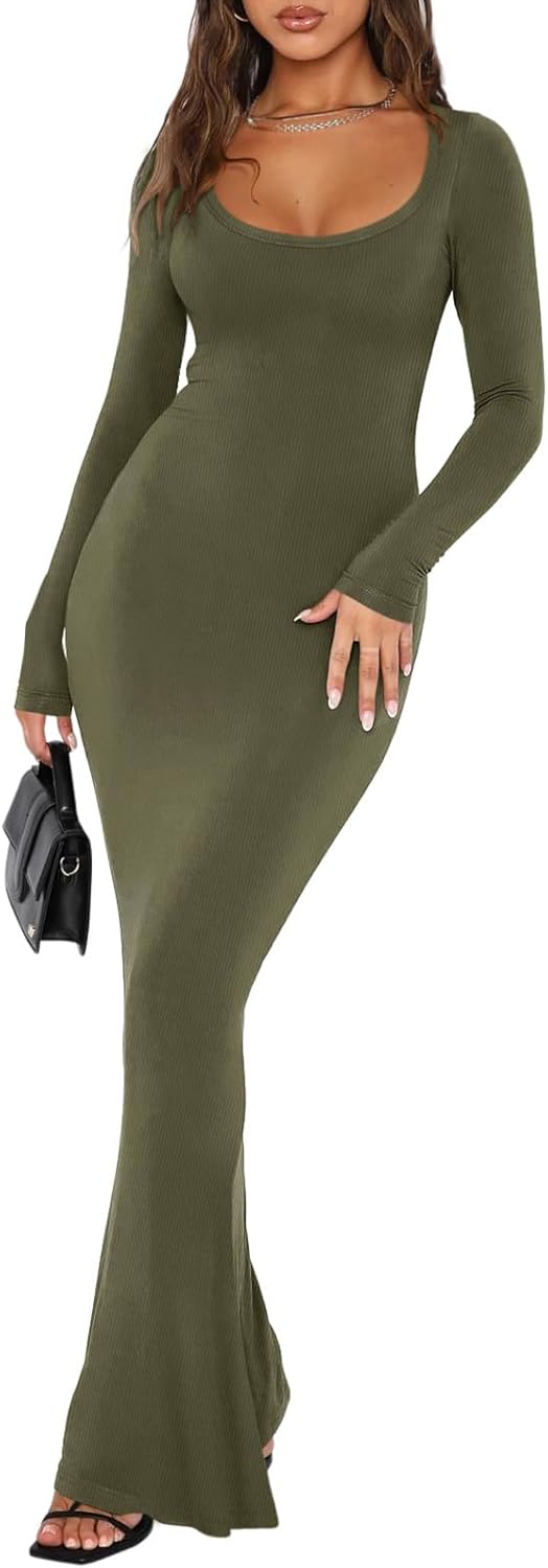 REORIA Womens Basic Sexy Square Neck Long Sleeve Maxi Dress