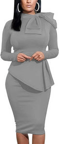 Women's Peplum Bodycon Midi Dress - Bow Ruffle Work to Party