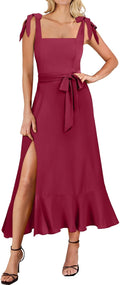 Women's Square Neck Ruffle Split Midi Dress - Elegant Formal Guest