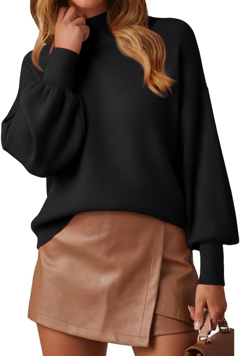 WEACZZY Women's Mock Neck Lantern Sleeve Lightweight Sweater