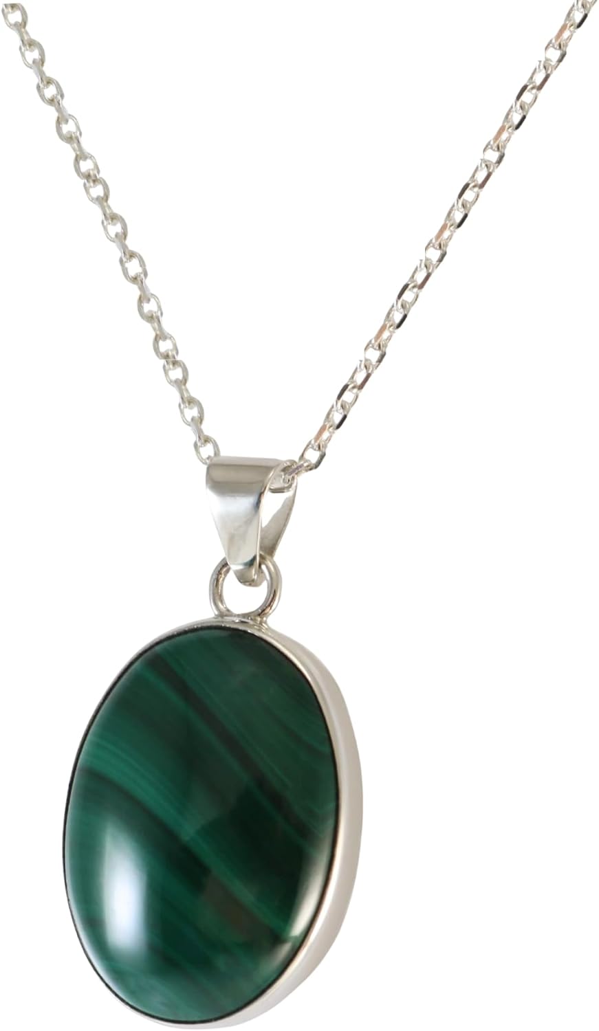 Solid Sterling Silver 925 Oval Malachite Pendant Necklace