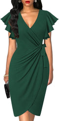 Womens Deep V Neck Ruffle Sleeve Faux Wrap Dress - Flattering Work