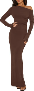 One Shoulder Long Sleeve Dress for Women - Ruched Bodycon Maxi