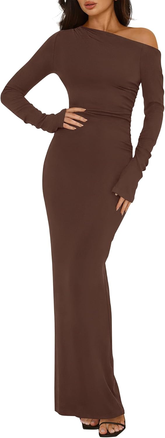 One Shoulder Long Sleeve Dress for Women - Bodycon Maxi Style
