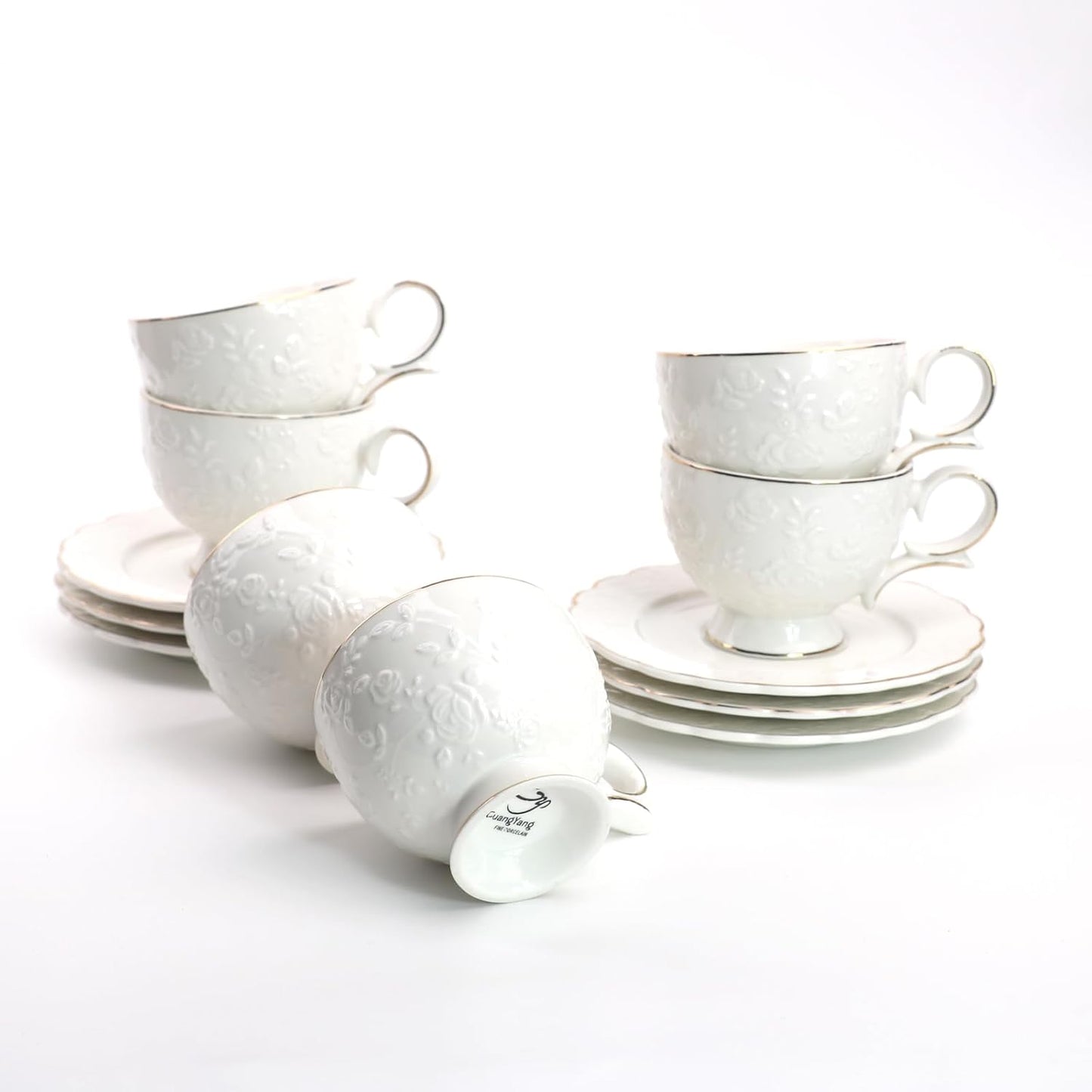 Unique Embossed Rose Tea Cups and Saucers Set for Tea Lovers