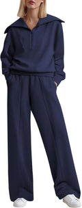 Two Piece Outfits for Women Half Zip Sweatshirt Tracksuit - Wide Leg