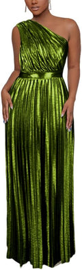 AOMEI Women's Luxury Metallic One Shoulder Pleated Long Dress