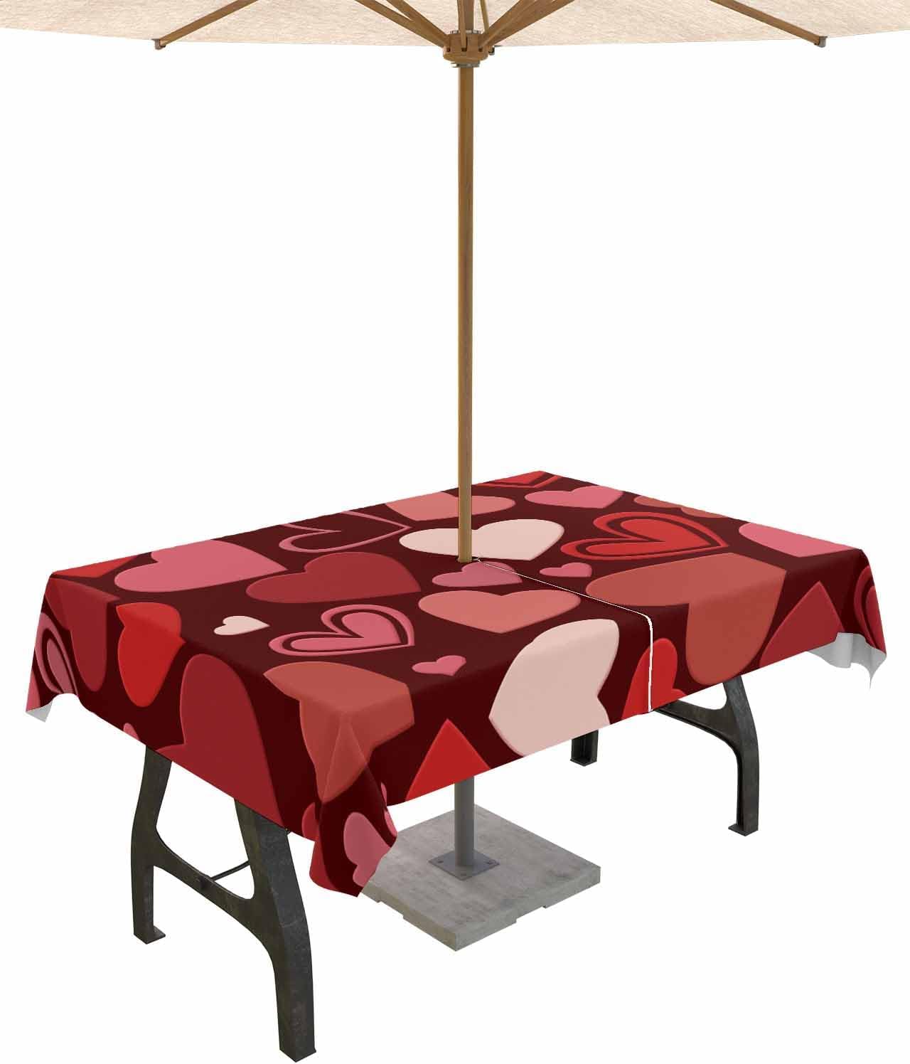 Valentine's Day Waterproof Tablecloth with Zipper Umbrella Hole - Romantic Wave Point Red Heart Design - 60x84 - Thryzovaitn