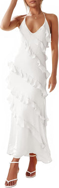 Wenrine Womens Chiffon Halter Maxi Dress - Flowy Backless
