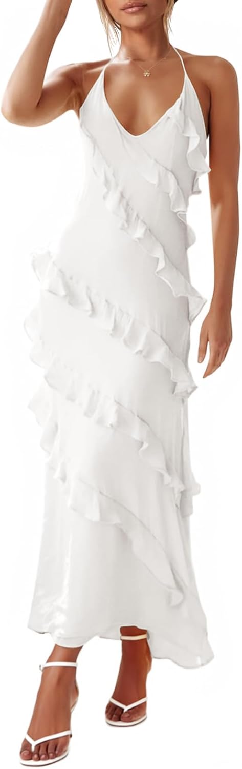 Womens Sexy Chiffon Halter Maxi Dress with Ruffle Detail