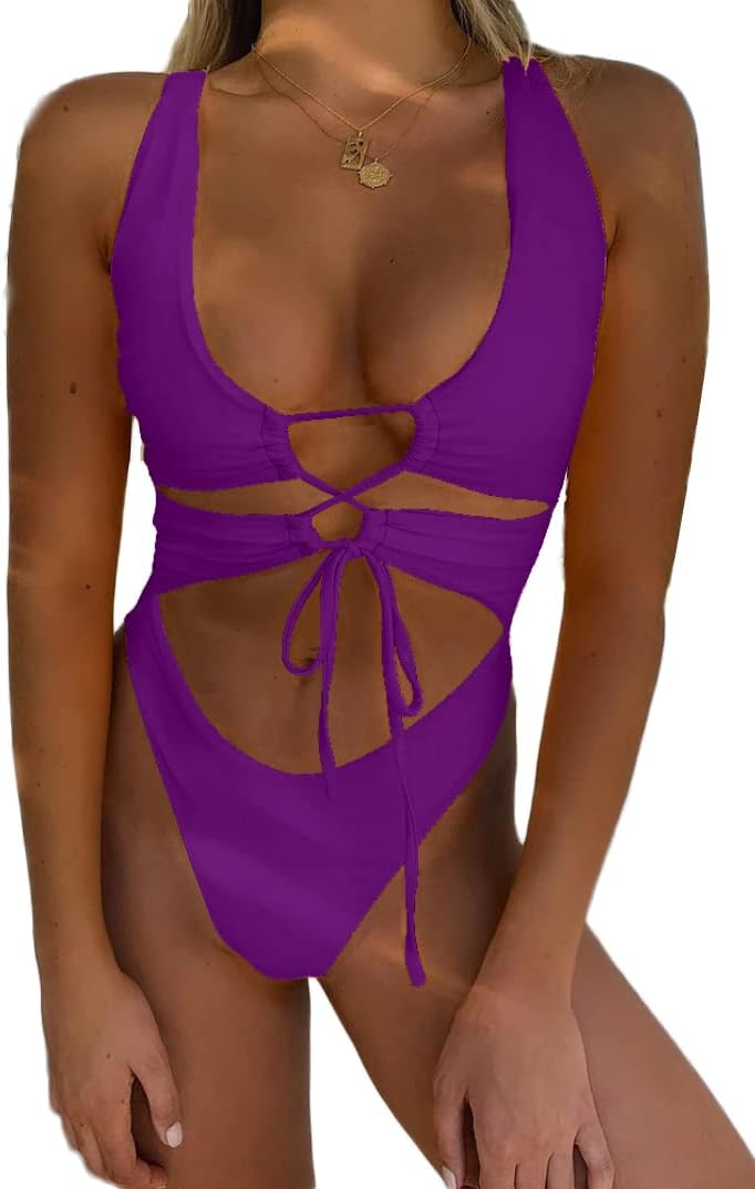 CHYRII Women's Sexy Cutout Lace Up Backless Monokini Swimsuit