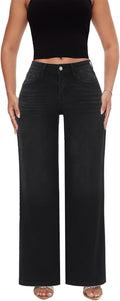 Mid-Low Rise Baggy Jeans for Women Stretchy Black Wide Leg