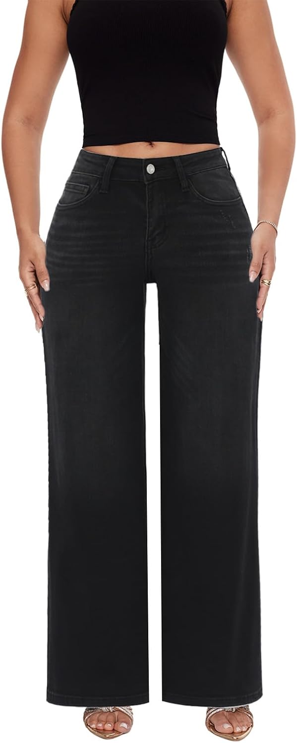 ONESO Mid-Low Rise Baggy Jeans for Women - Distressed Comfort