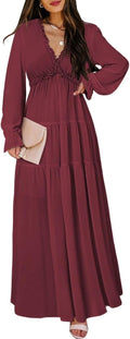 BLENCOT Womens Casual Boho Deep V Neck Long Dress - Flattering Dresses