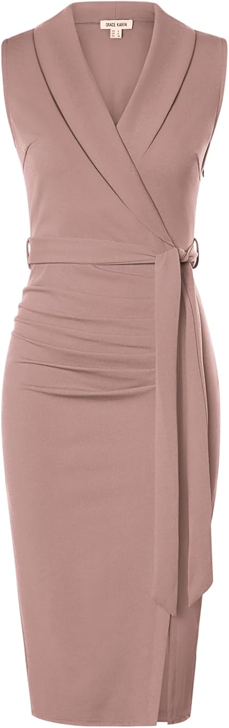 Stylish Women's Sleeveless Ruched Bodycon Office Midi Dress