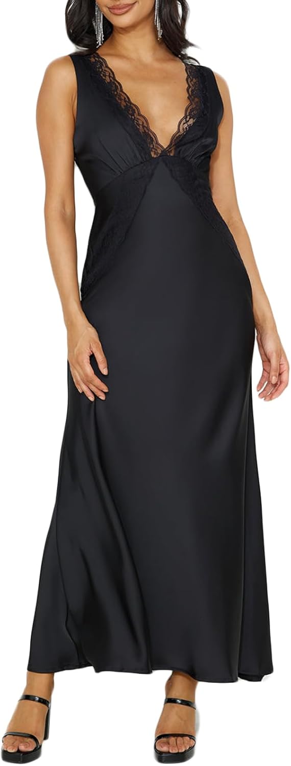 Elegant Summer Satin Lace V Neck Backless Maxi Dress for Women