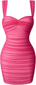 LAGSHIAN Women's Bodycon Sleeveless Mesh Ruched Mini Dress