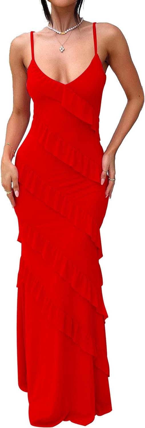 HOCILLE Women's Sexy V Neck Backless Bodycon Maxi Dress