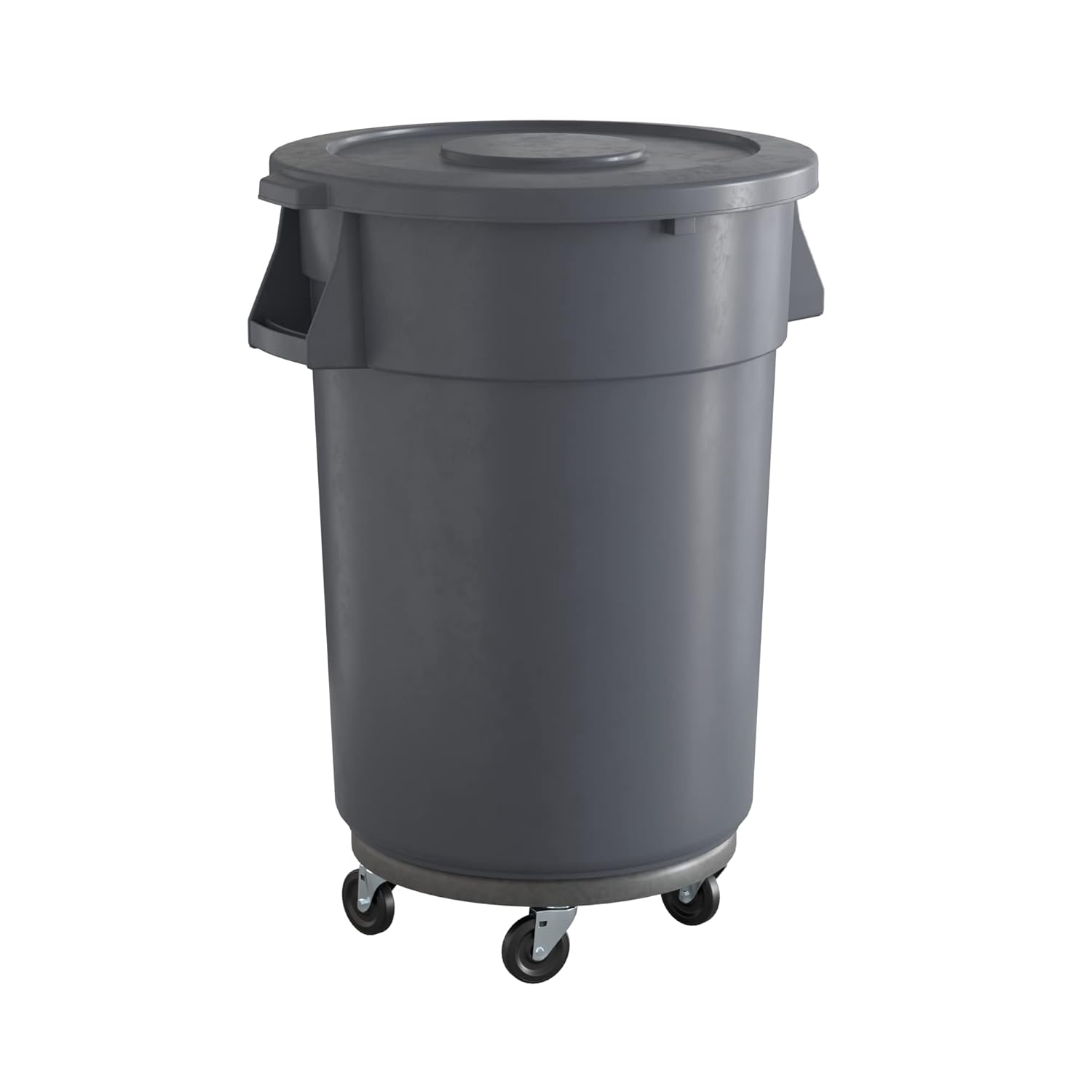 44 Gallon Gray Round Commercial Trash Can with Lid and Dolly