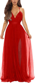 Women's Sexy Deep V Neck Split Cocktail Maxi Dress - Breathable Fabric