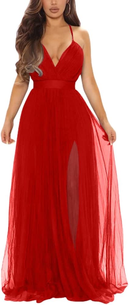 XXTAXN Women's Sexy Deep V Neck Split Maxi Dress for Parties