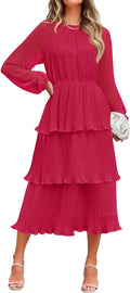 ZESICA Long Sleeve Ruffle Tiered Chiffon Midi Dress - Flowy, Feminine