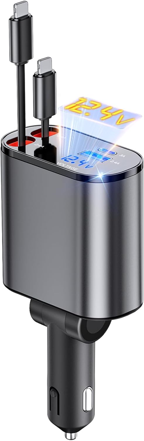 Fast 4-in-1 Car Charger & 2 Cables, iPhone & Galaxy Compatible