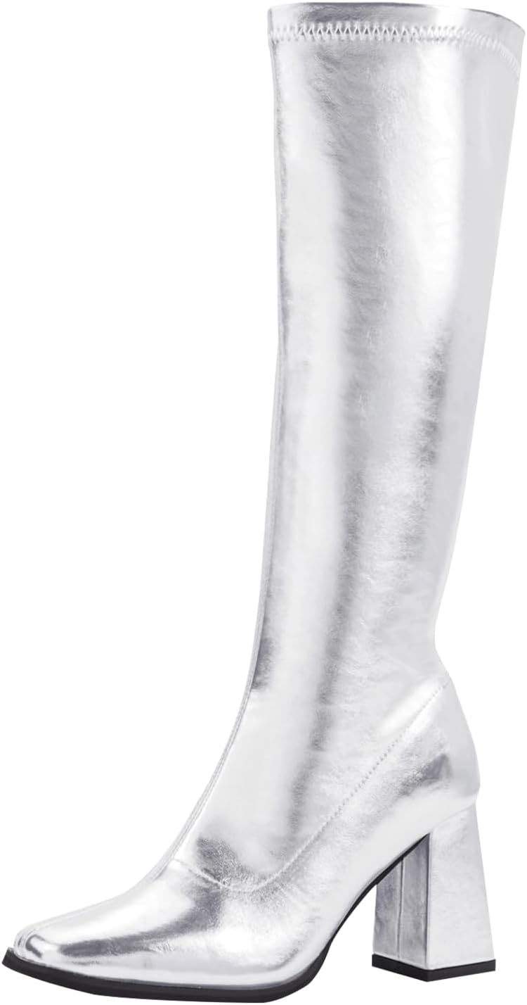 GoGo Boots for Women Knee High Chunky Block Heels for Parties