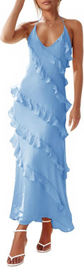 Wenrine Womens Sexy Chiffon Halter Maxi Dress - Flowy Backless