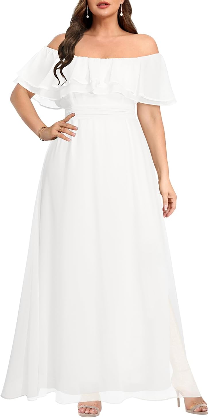 Elegant Off The Shoulder Chiffon Maxi Dress for Plus Size Weddings