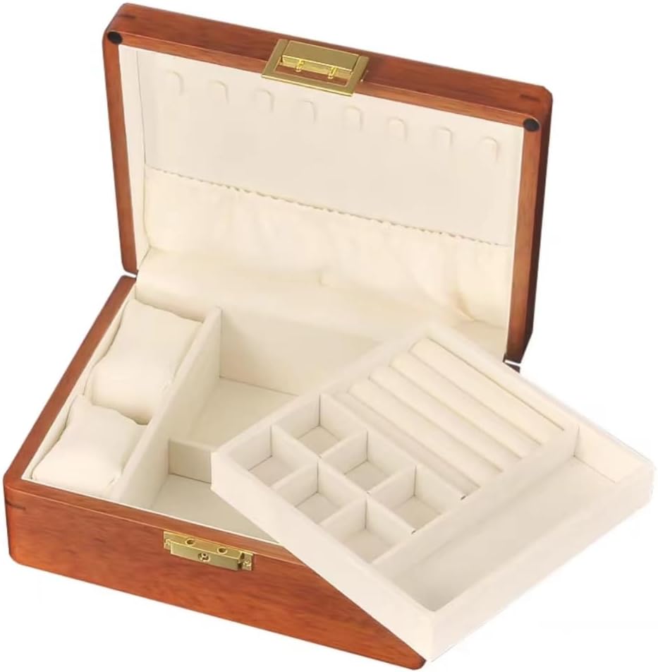 Bescott 2 Layer Solid Wooden Jewelry Box with Lock and Key