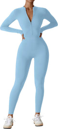 Women Long Sleeve Workout Jumpsuit Zip Up Romper - Bodycon Support