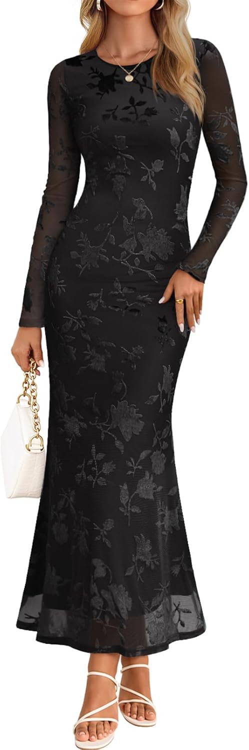 MEROKEETY Women's Floral Mesh Maxi Dress for Fall Weddings