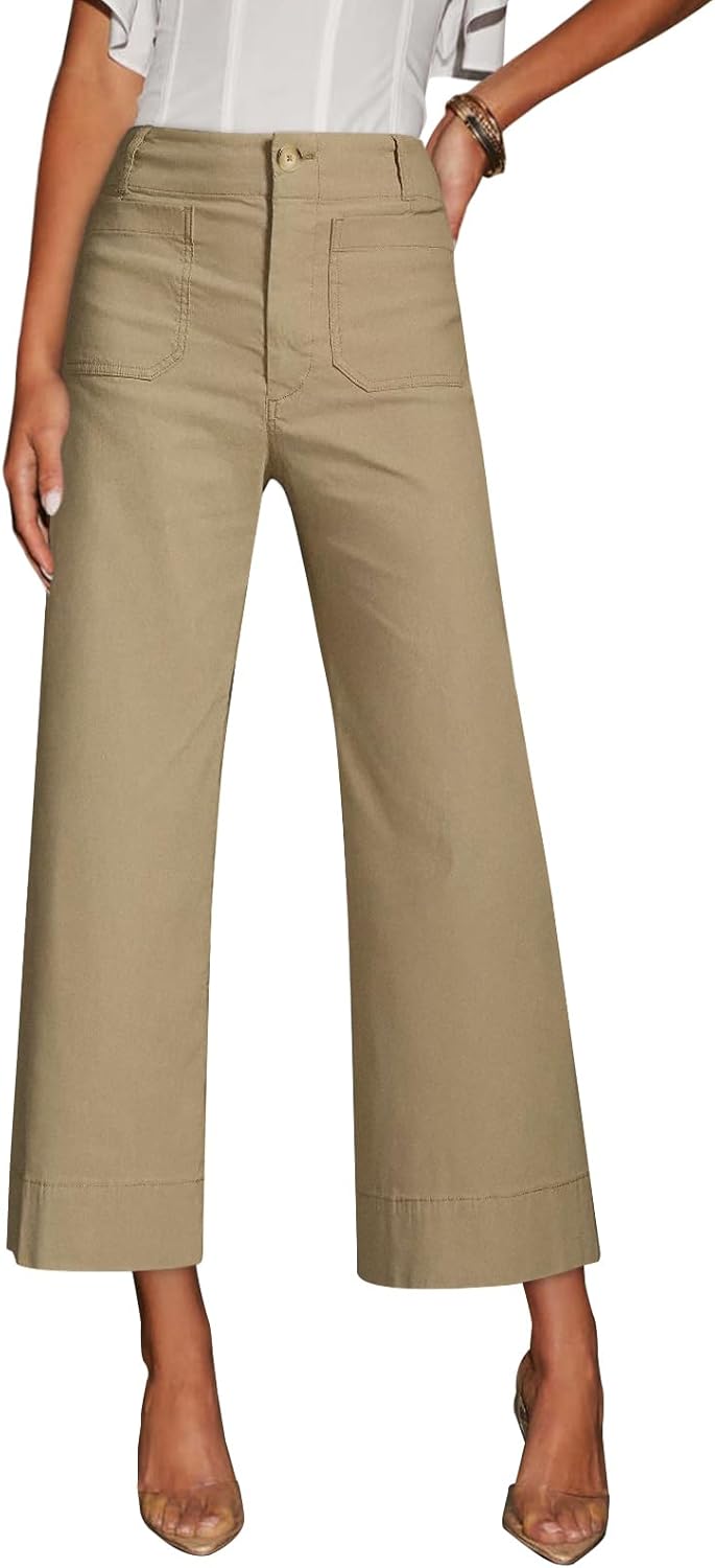 High Waisted Cropped Wide Leg Stretchy Pants with Pockets
