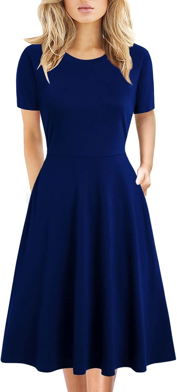 Women's Elegant Knee Length Floral Print Swing Dress with Pockets