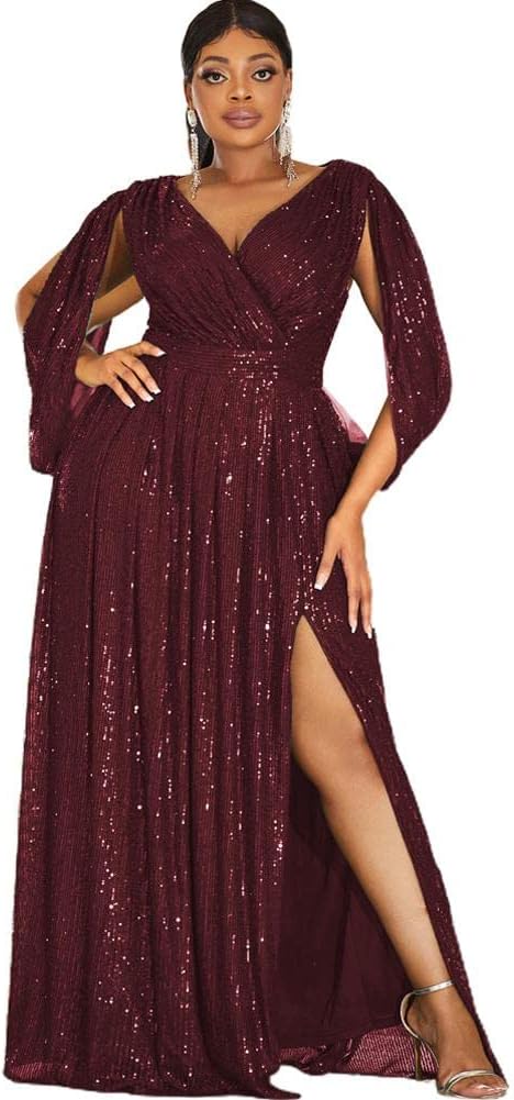 Women's Plus Size Flare Sleeve V Neck Sequin Formal Prom Dress