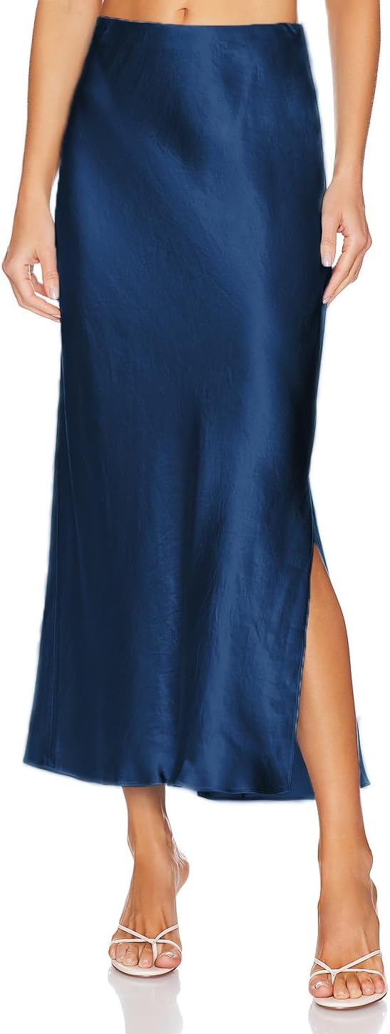Womens Satin Silk Maxi Slit Skirt with Elastic Waistband