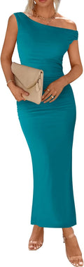 One Shoulder Bodycon Ruched Maxi Dress - Flattering Evening Fit