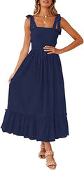 Boho Spaghetti Strap Square Neck Ruffle Maxi Dress - Summer