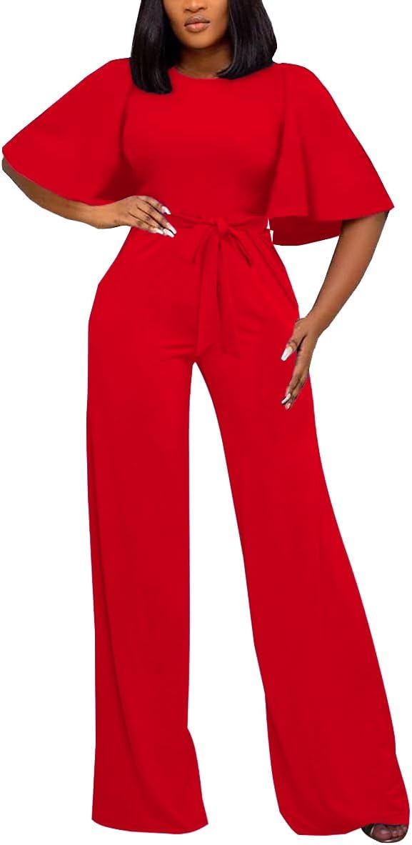 BessCops Womens Loose Short Sleeve Belted Wide Leg Jumpsuit