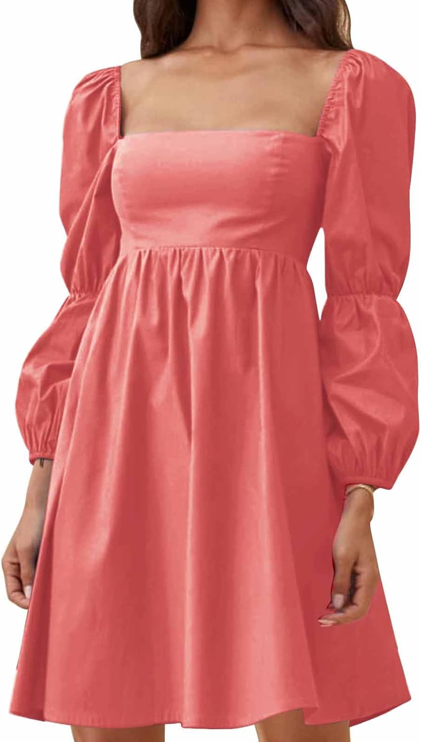 EXLURA Womens Square Neck Puff Sleeve A-Line Mini Dress