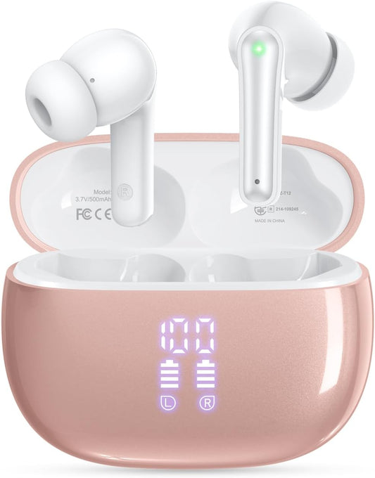 HUIFU Wireless Earbuds - 40H Playtime Deep Bass Stereo, IPX7 Waterproof, Pink