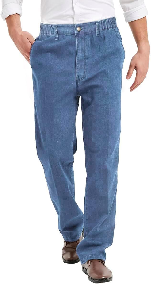 Mens Elastic Waist Jeans with Zipper and Button for Comfort