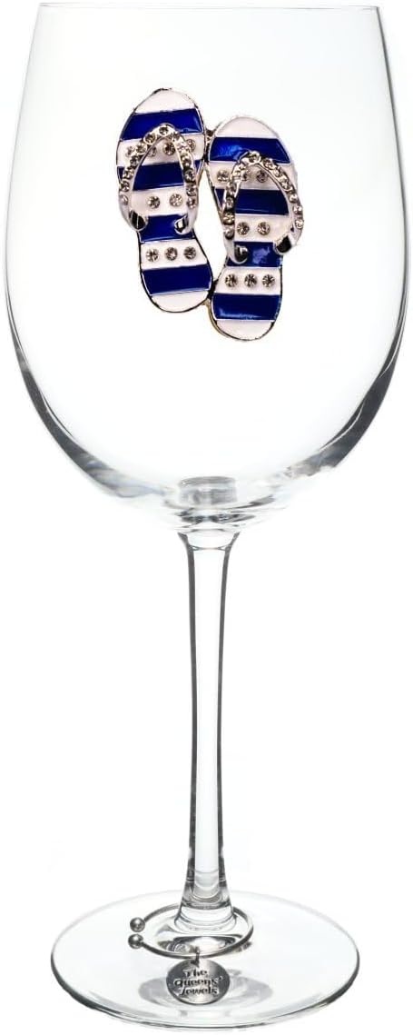 Blue and White Flip Flop Jeweled Wine Glass for Beach Lovers